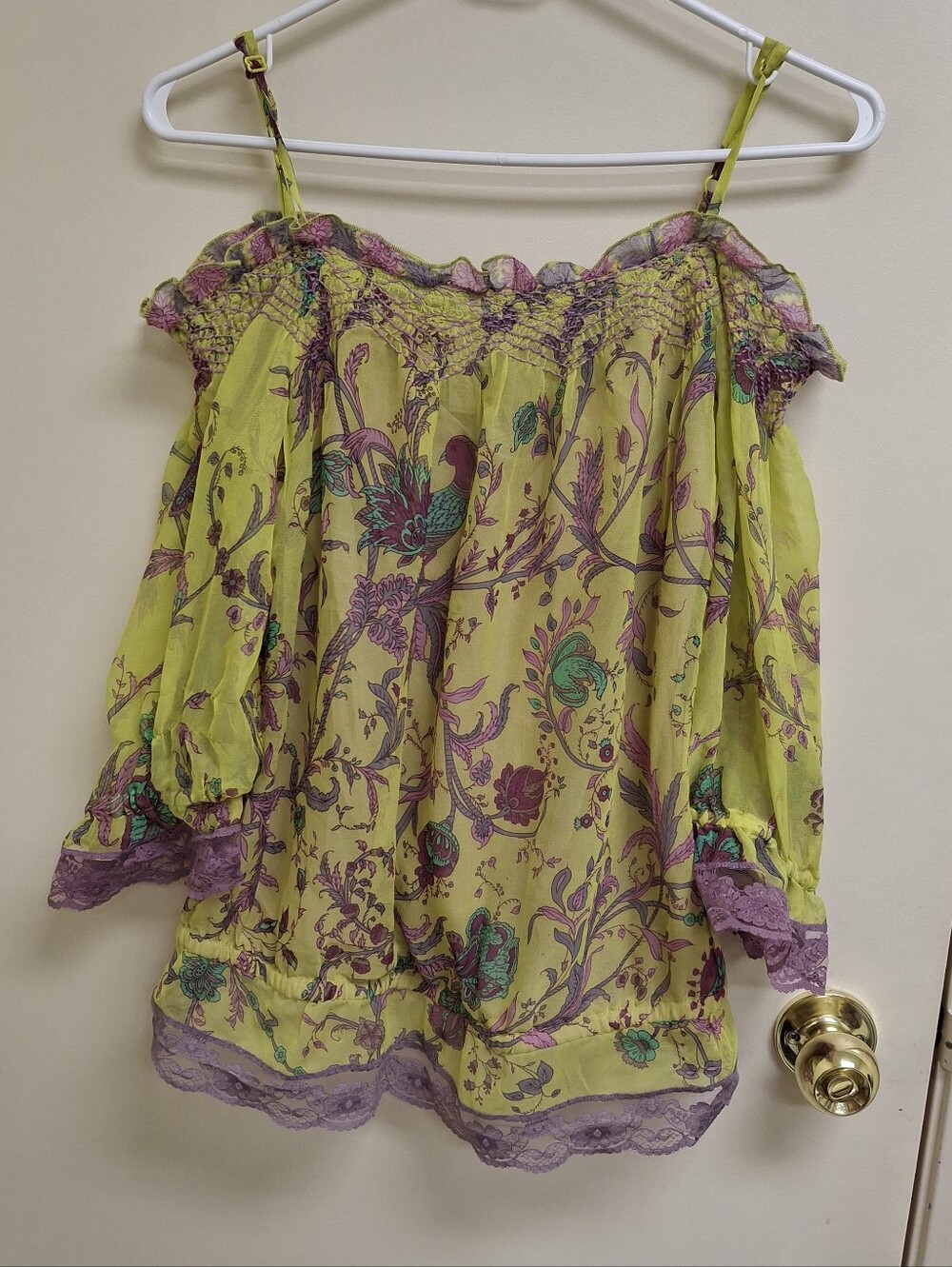 Off-Shoulder Floral Lace-Trim Women’s Top in Yellow and Purple